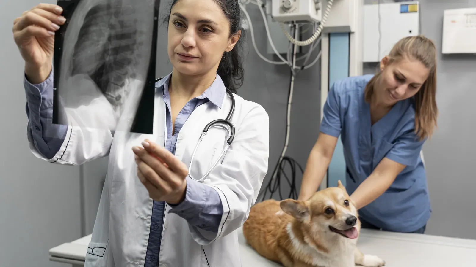 Veterinária examina uma radiografia de tórax enquanto outra profissional segura um corgi deitado na mesa