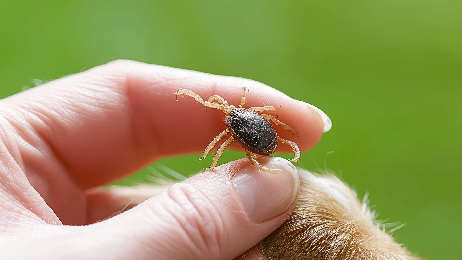 Dedos seguram um carrapato retirado da pata de um cachorro, sobre fundo verde desfocado